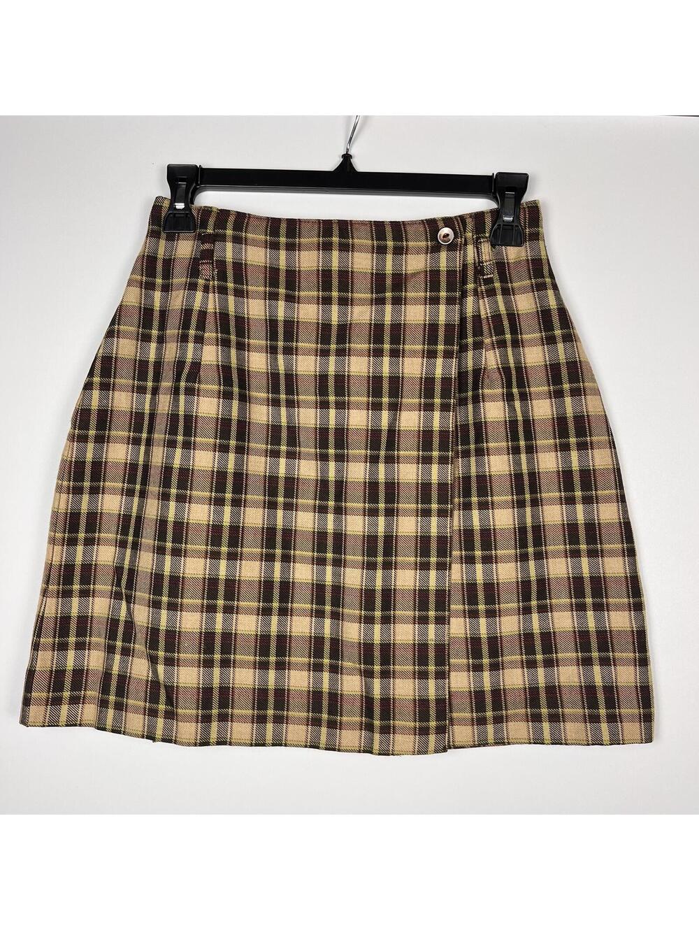 True Y2K NY & Co Plaid Wrap Mini Skirt Size 4 Brown Tan Preppy Clueless Style